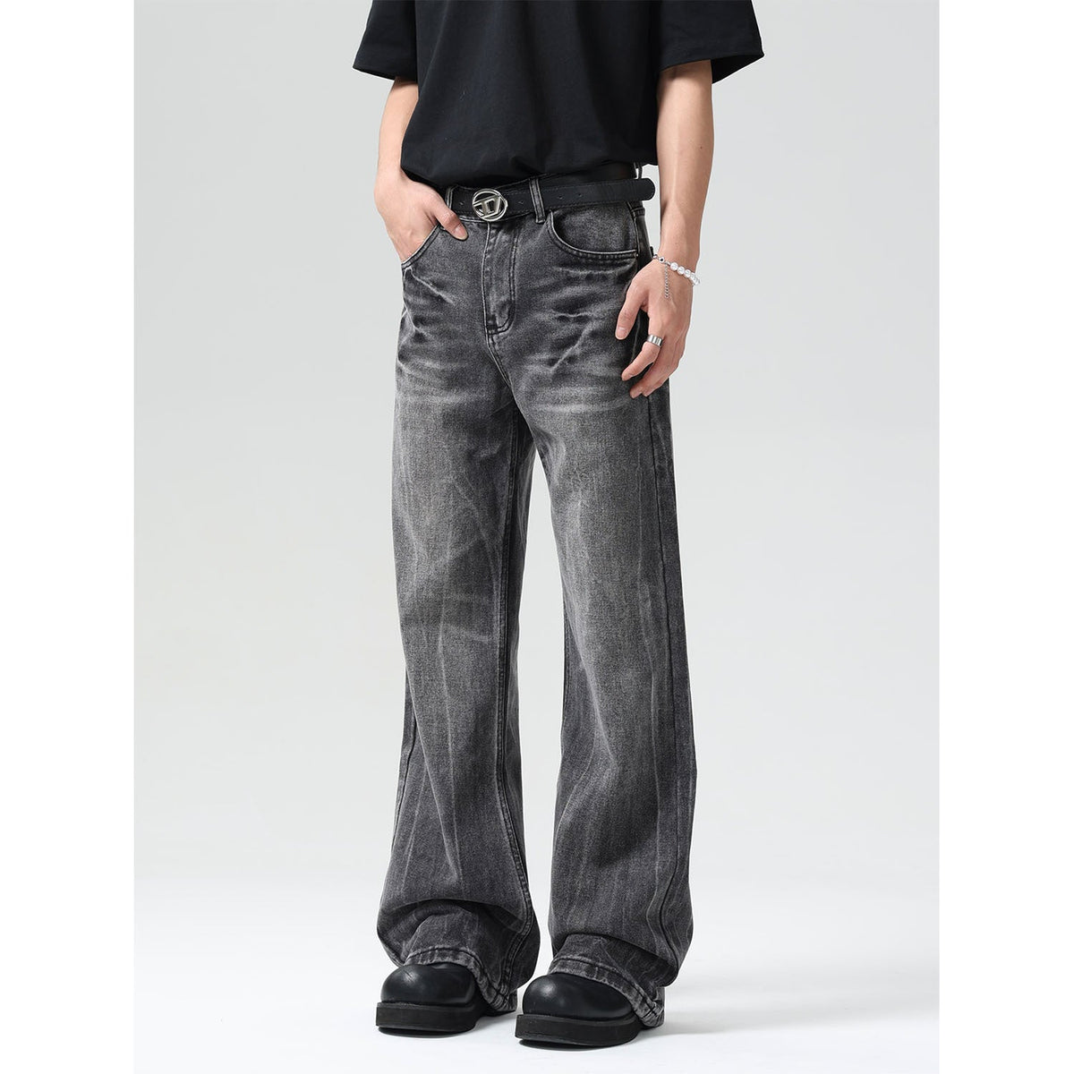 Washed Wide Leg High Street Denim Men's Loose Straight Leg Pants