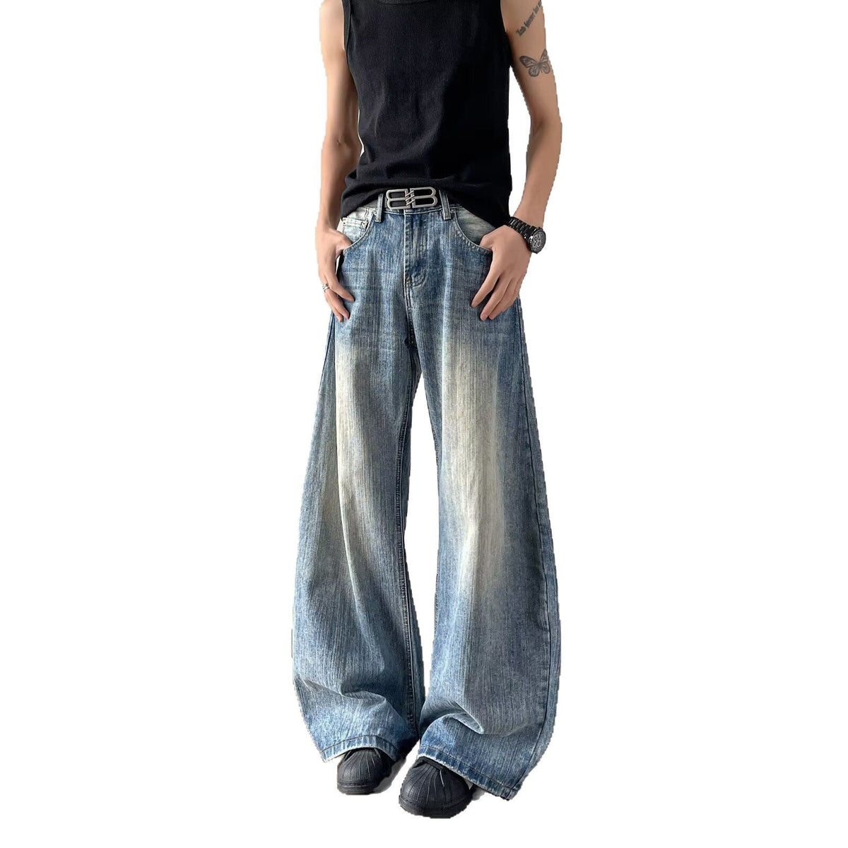 Bamboo Patterned Curved Knife Jeans - Loose Retro Washed Silhouette