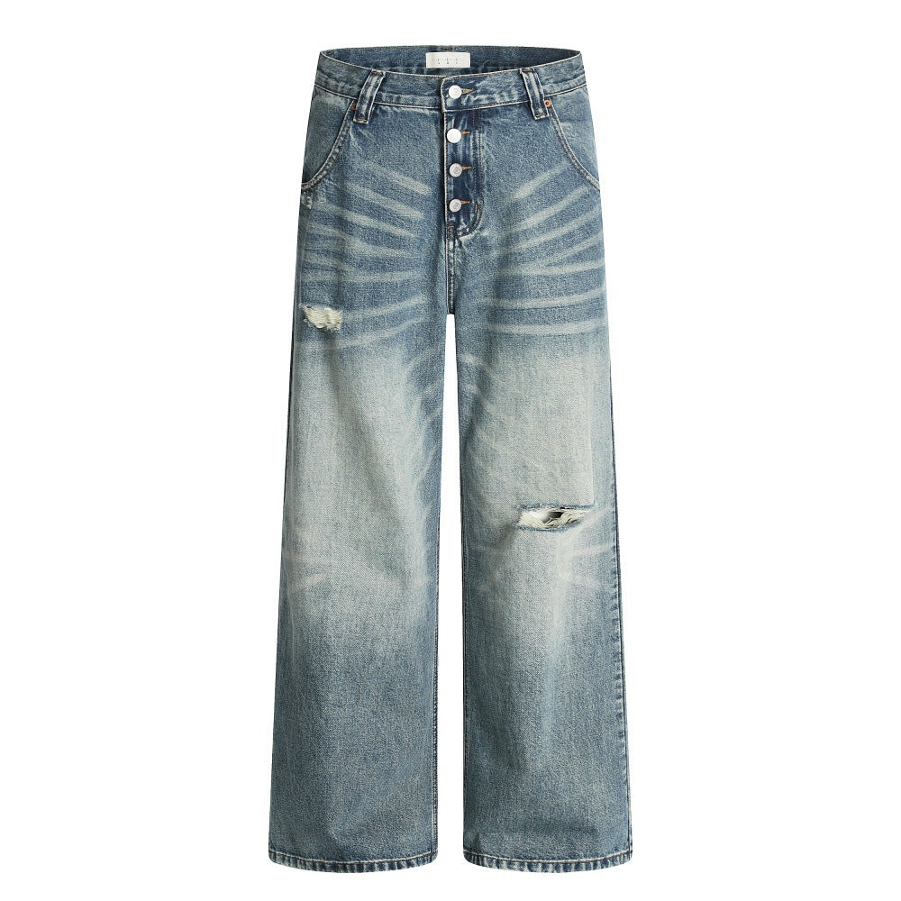 Men's Loose Faded Whitewashed Wide-Leg Denim Trousers - Street Fashion