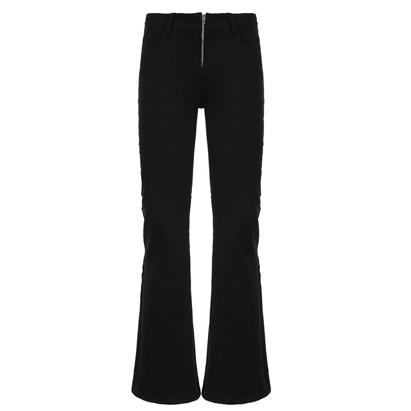 Solid Color Horn Low Waist Zipper Denim Pants