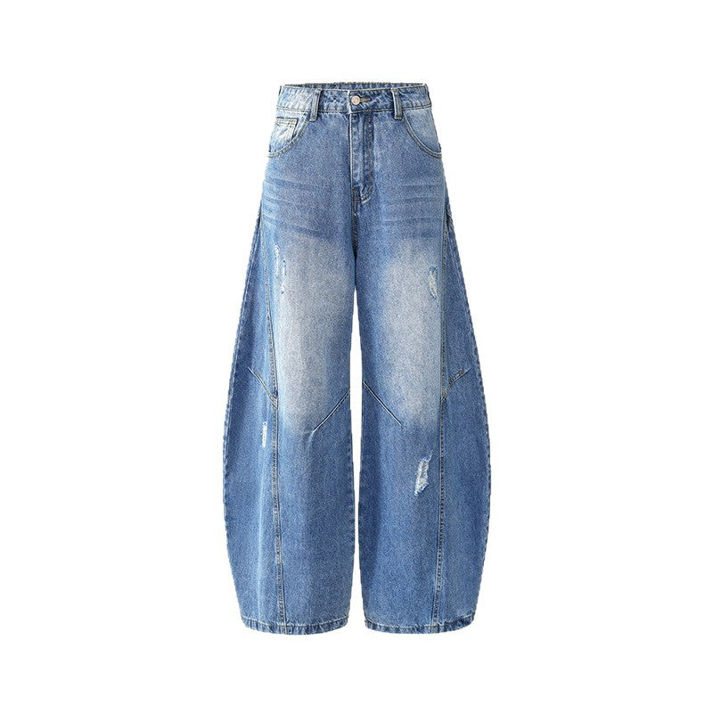 Wide Leg Ripped Banana Straight Leg Denim Pants
