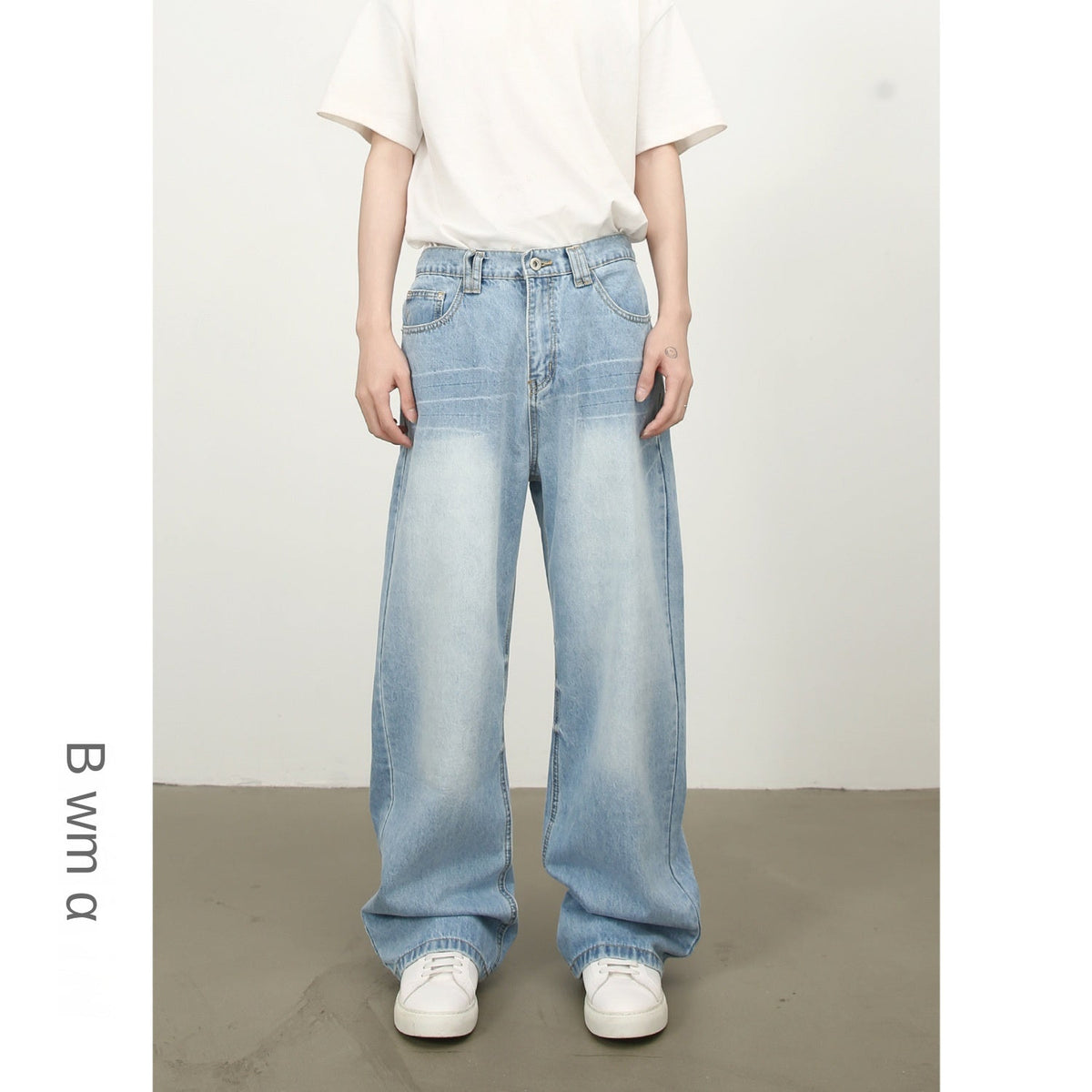 American Basic Versatile Retro Washed Semi-Elastic Waist Loose Wide-Leg Jeans