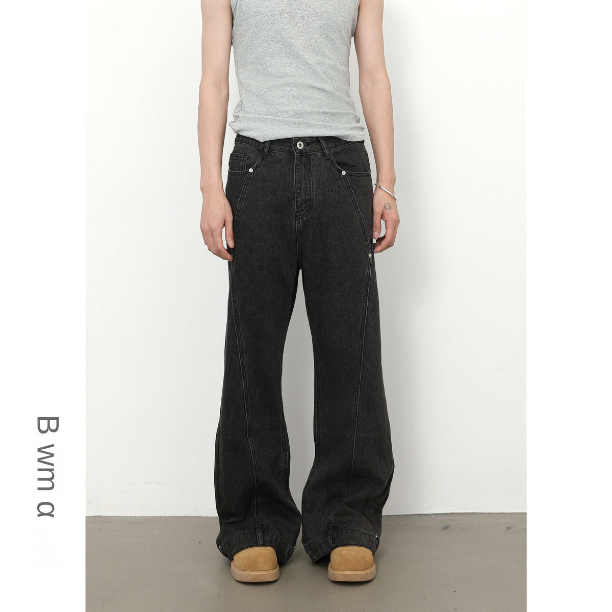 Spliced Beaded Denim Trousers for Men - Loose Flared Straight Leg Design