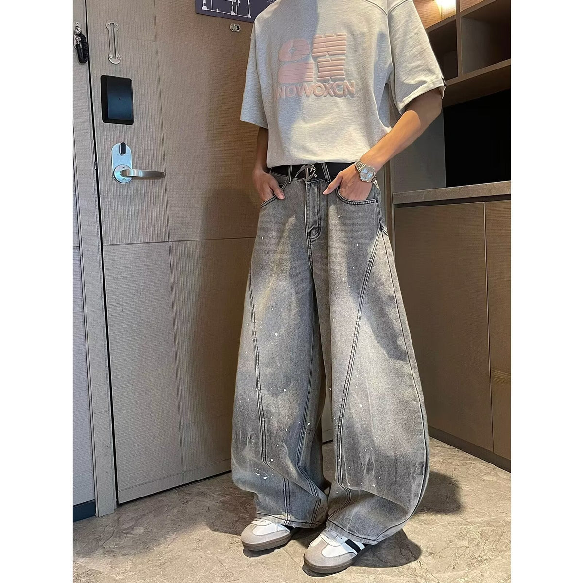 Washed Curved Knife Denim Loose Drape Wide Leg Floor Length Pants