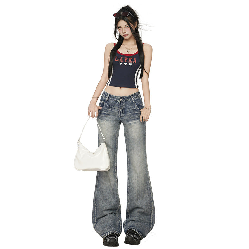 Women's Denim Blue Jeans - Low Waist Slim Fit Straight Leg & Wide Leg Pants