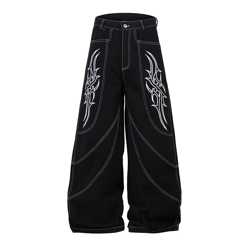 Wide Leg Long Pants with Thorns Embroidery - Unisex  Denim