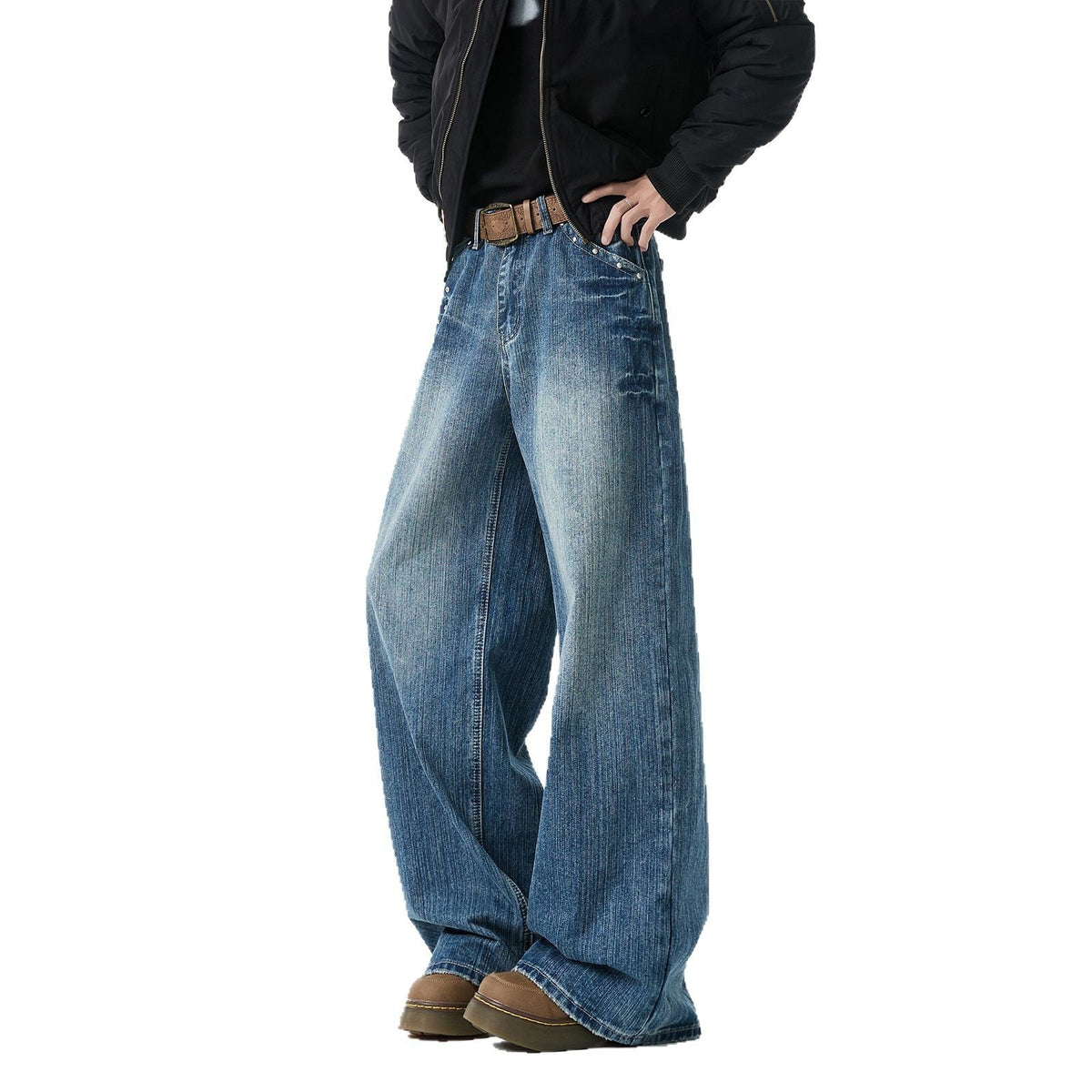Washed Denim Men's Straight Leg Loose Rivet Pants