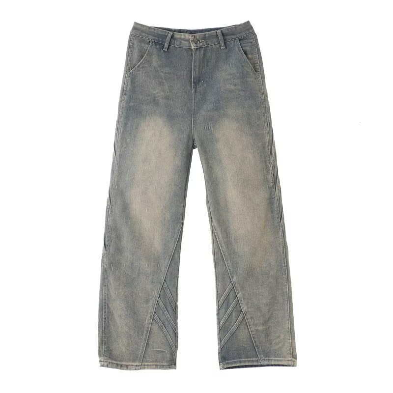 Washed Straight Leg Denim Curved Knife Wide Leg Pants