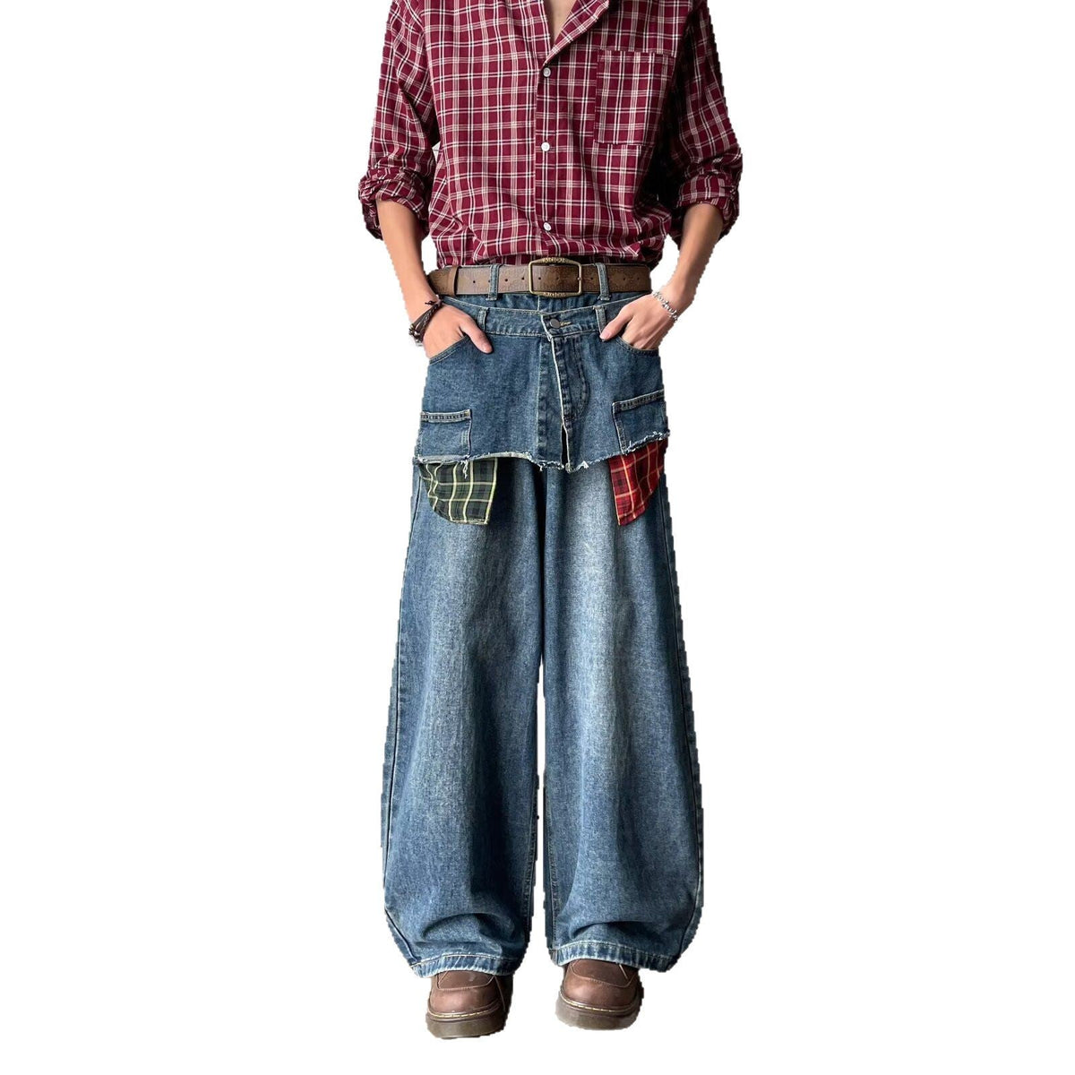 Fake Two-Piece Checkered Patchwork Jeans for Men - Summer Style