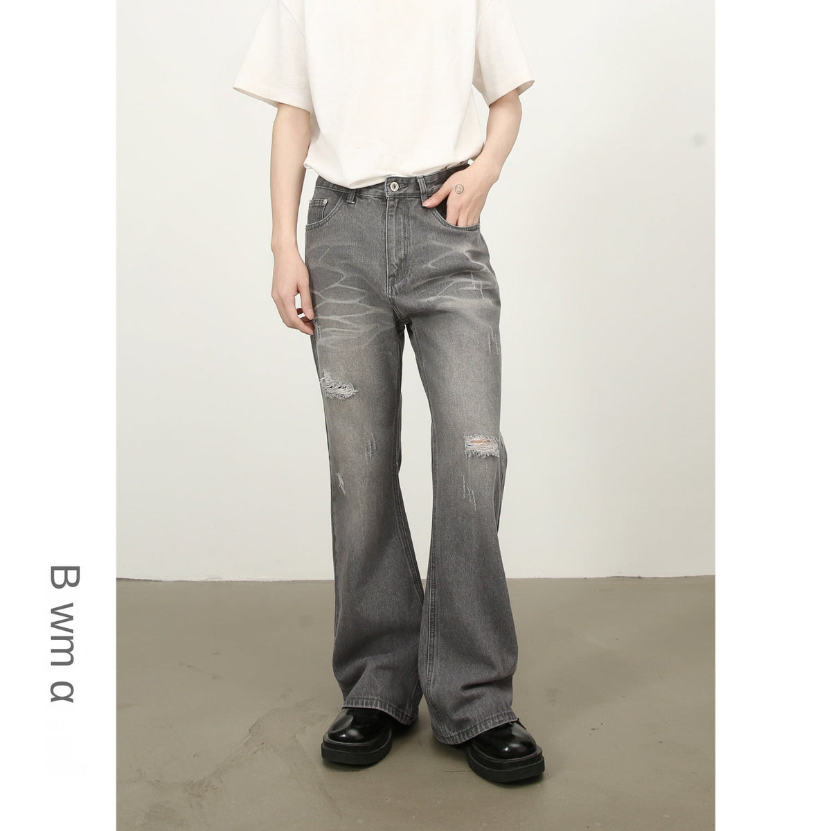 American High Street Washed Flared Hole Denim Trousers for Men