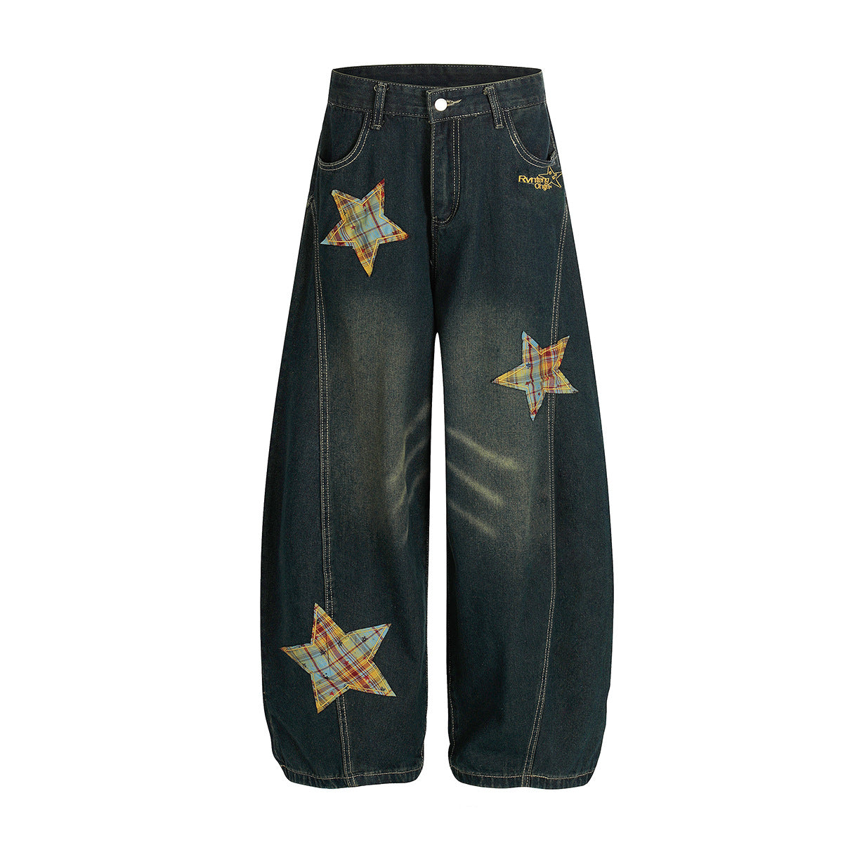 Curved Knife Denim Wide Leg Pants with Star Embroidery