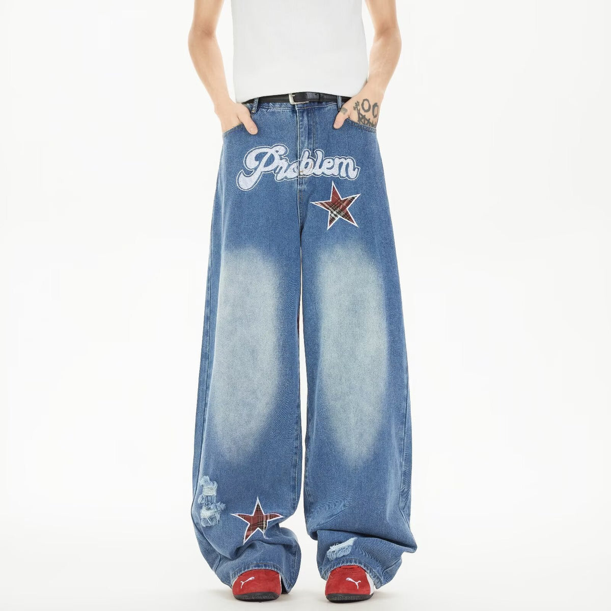 Star Embroidered Cowboy Loose Wide Leg Casual Pants