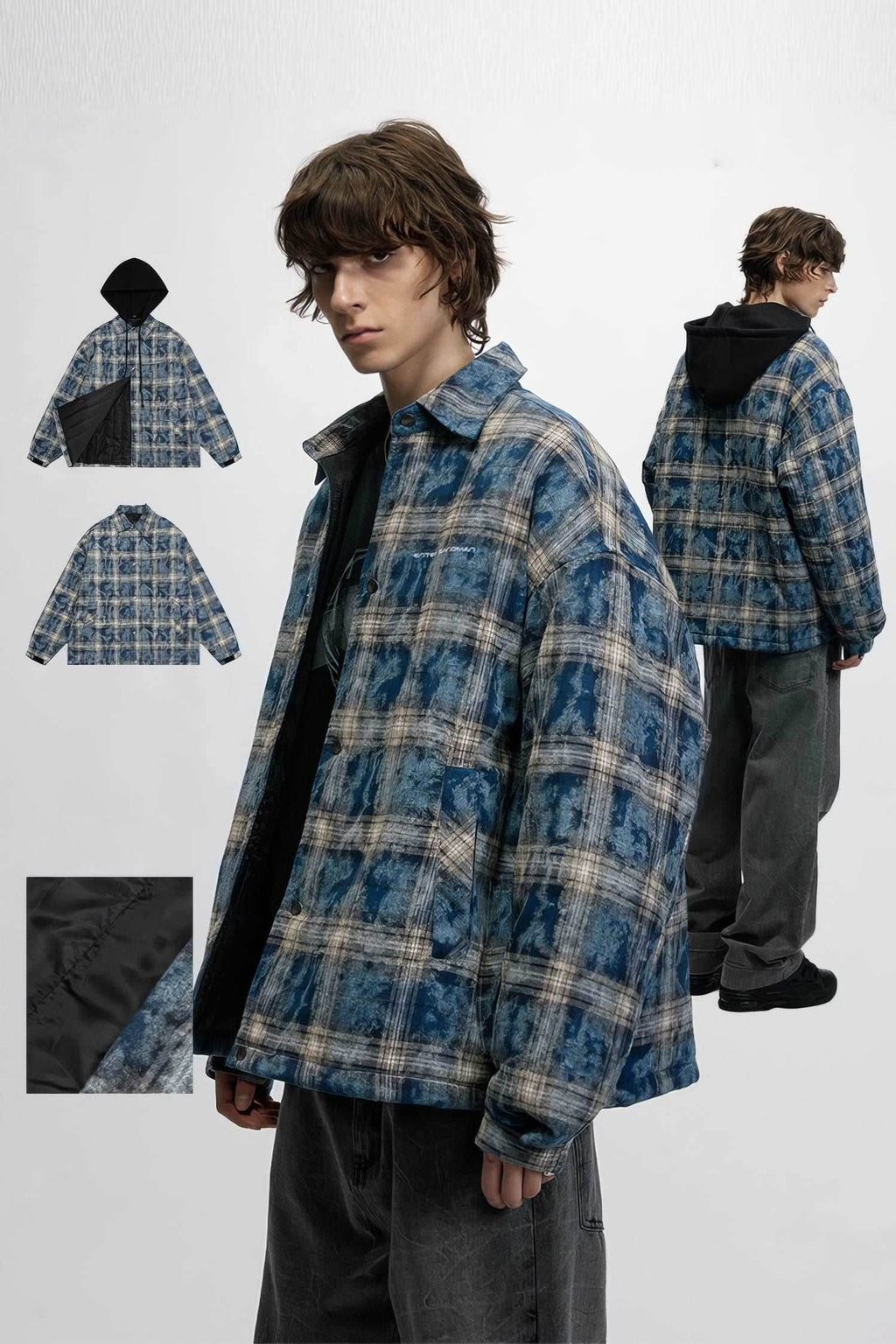 American Streetwear Hip-Hop Plaid Hoodie Jacket – Removable Hood, Cotton Lined
