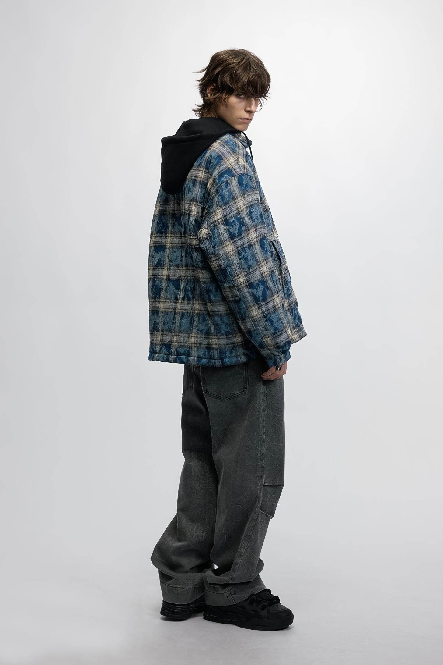 American Streetwear Hip-Hop Plaid Hoodie Jacket – Removable Hood, Cotton Lined