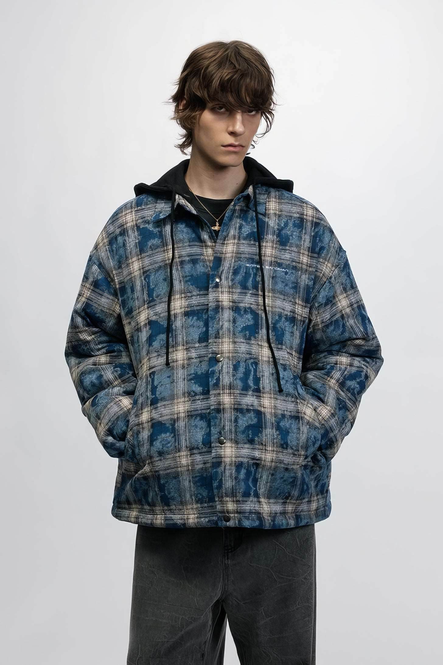 American Streetwear Hip-Hop Plaid Hoodie Jacket – Removable Hood, Cotton Lined