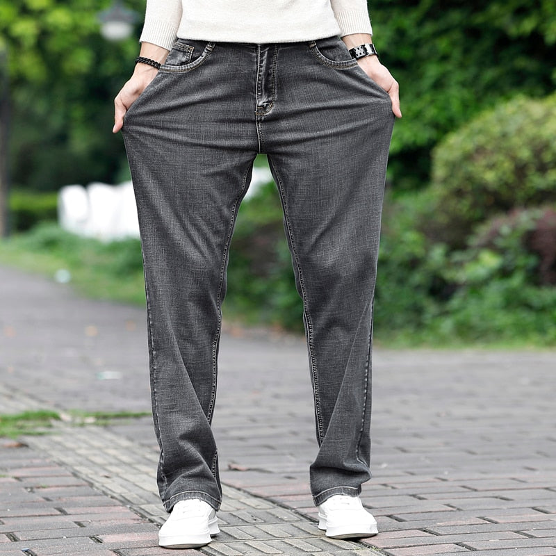 Men's Grey Casual Stretch Denim Trousers - Plus Size Business Jeans