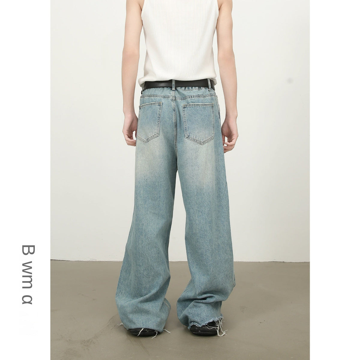 High Street Distressed Hole Fringe Wide Leg Loose Straight Floor-Length Versatile Jeans for Men