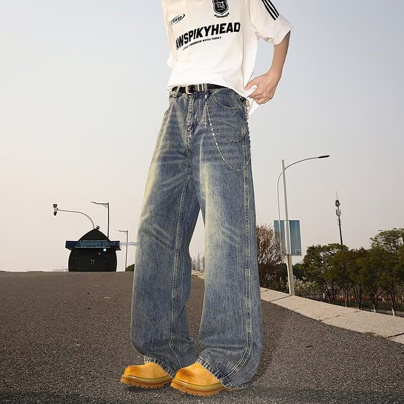 Washed Cat Whisker Denim Jeans for Men