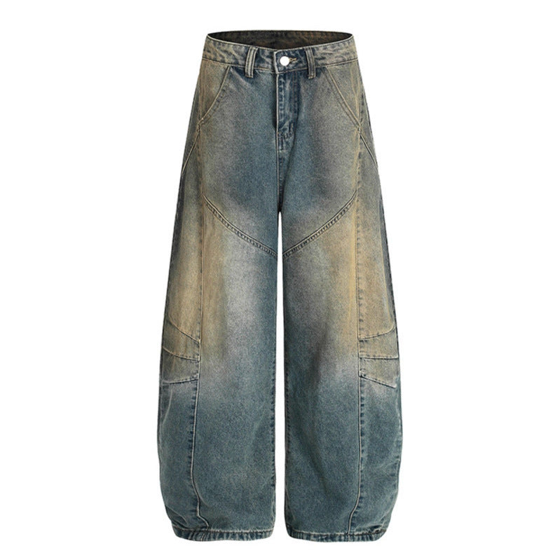 Washed Denim Jeans with Curved Edges and Old Silhouette