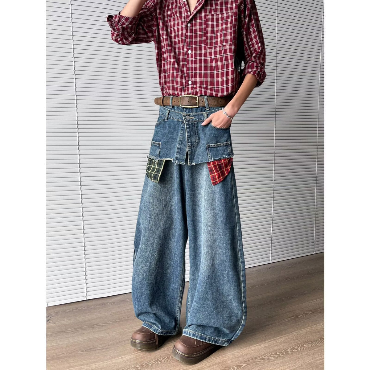 Fake Two-Piece Checkered Patchwork Jeans for Men - Summer Style