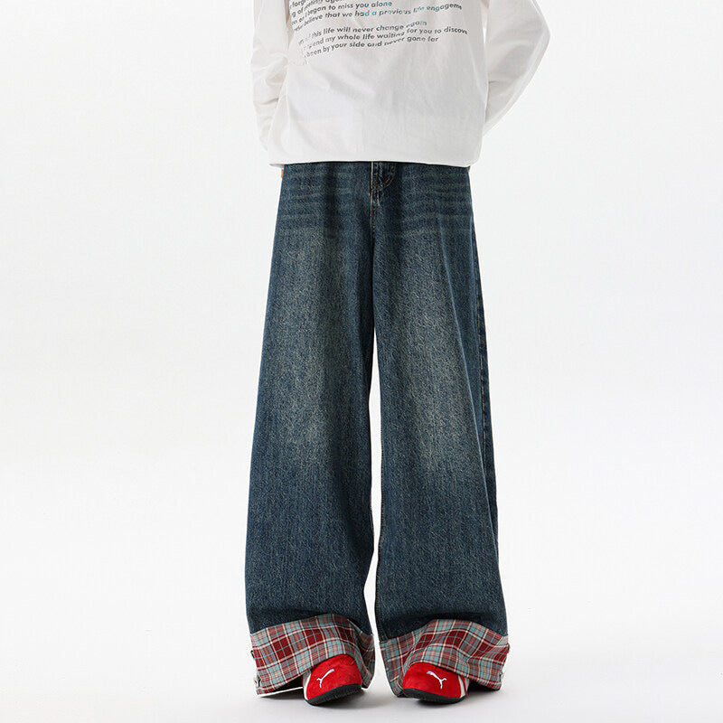 Washed Dark Blue Plaid Cuffed Denim Pants - Luxury Streetwear