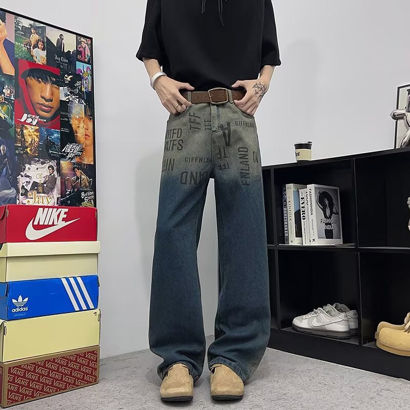 Letter Printed Gradient Jeans for Men