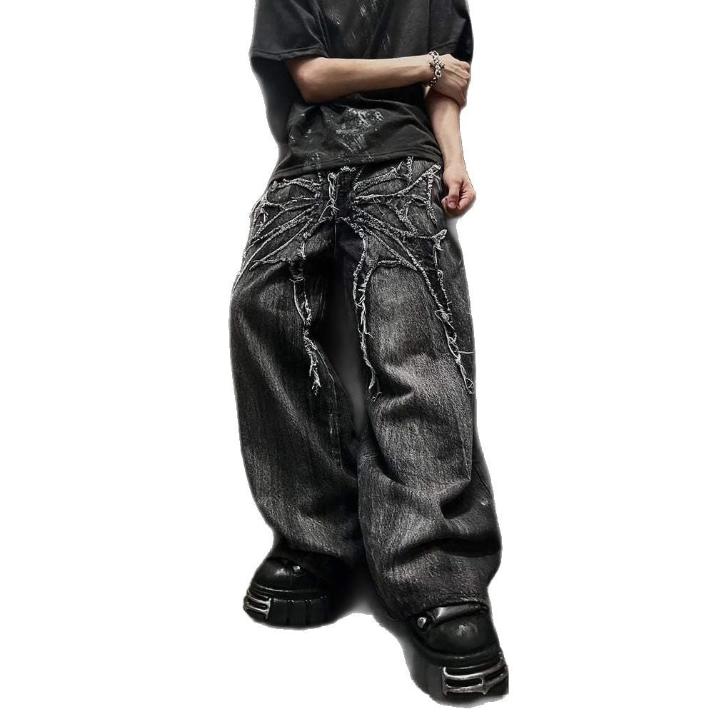 Denim Pants with Dark Line Design -  Wide Leg Trousers