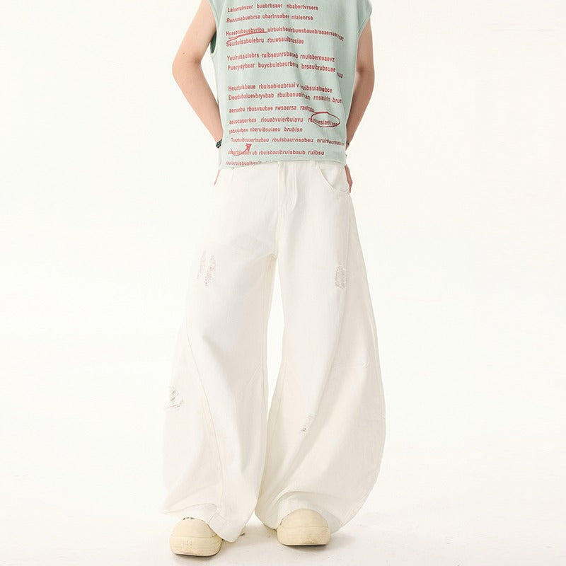 Wide Leg Ripped Banana Straight Leg Denim Pants