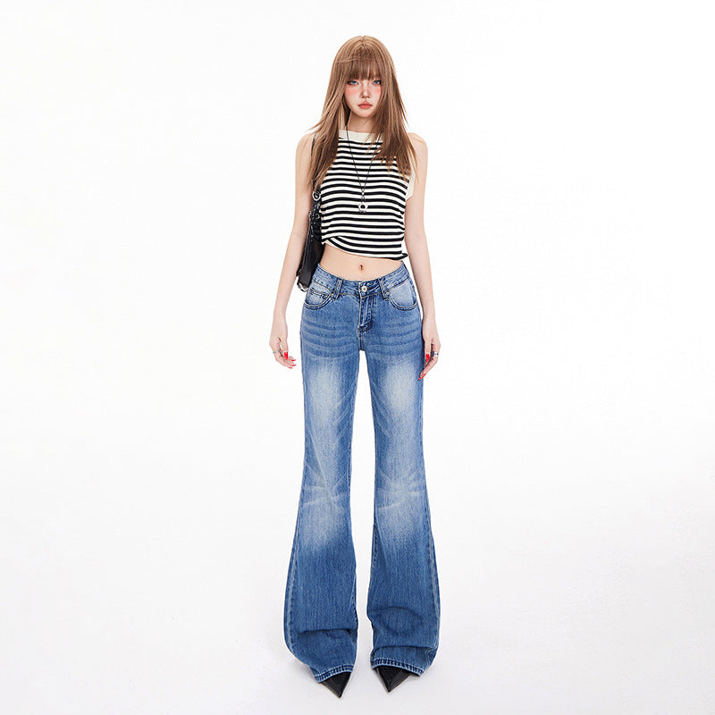 Women's Low Waist Flared Denim Pants - Wide Leg Trumpet Pants