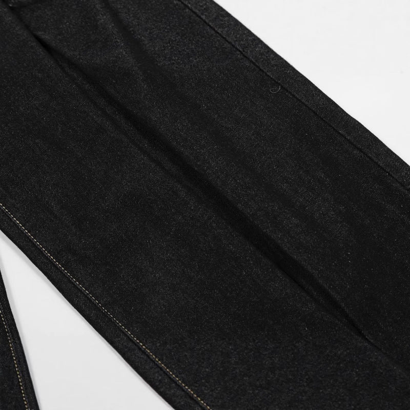 Design Loose Fit Slit Denim Black Tapered Jeans for Men