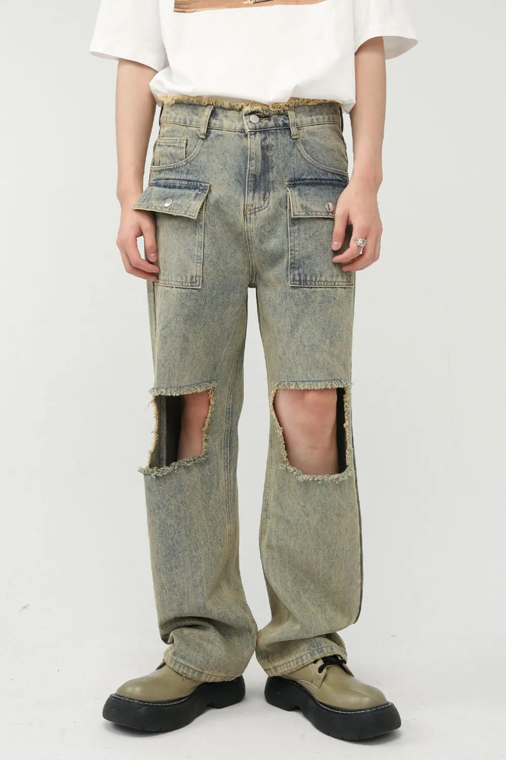 Raw Hem Distressed Jeans in Japanese Denim