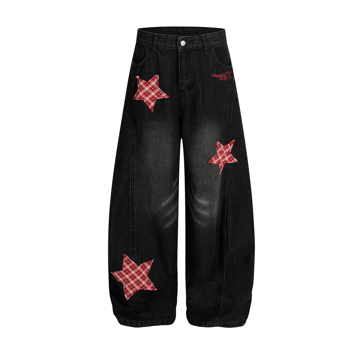 Curved Knife Denim Wide Leg Pants with Star Embroidery