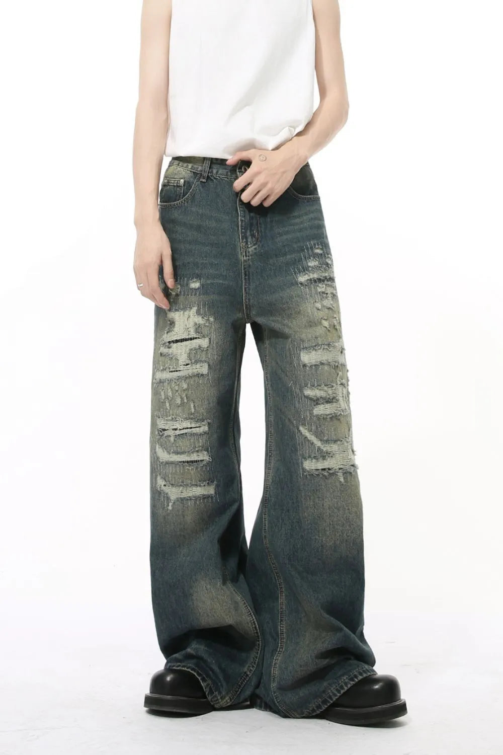 Distressed Wide Leg Jeans - Luxury Japanese Denim