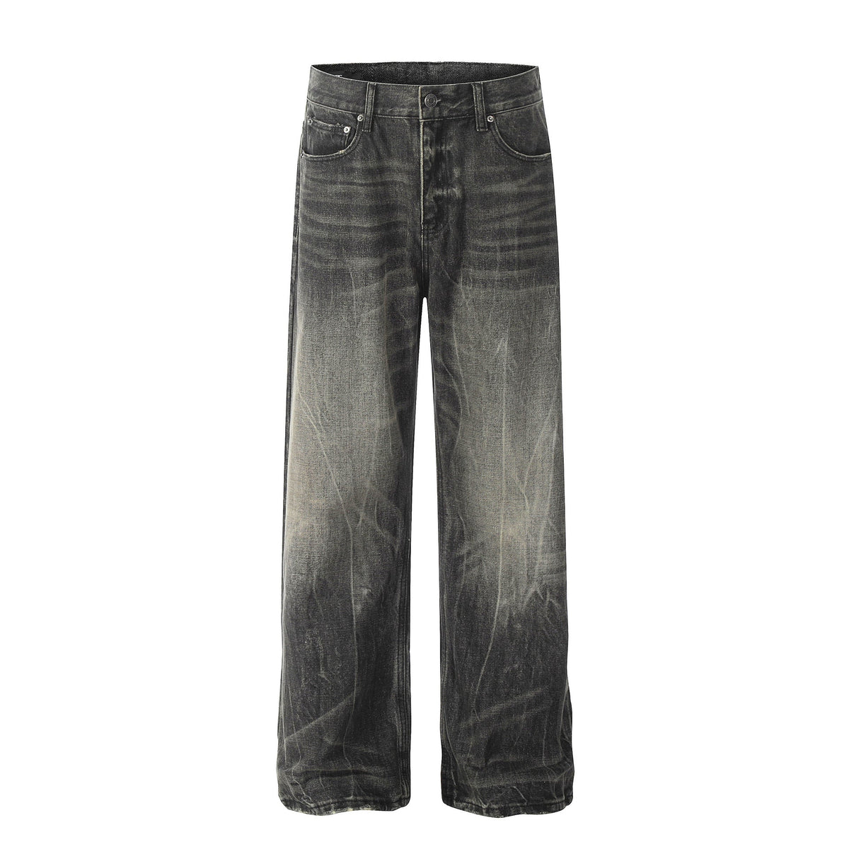 Washed Retro Distressed Black Gray Denim Straight Leg Wide Leg Long Pants