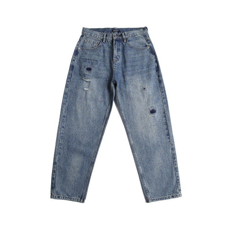 Japanese Retro Light Denim Wear-Resistant Jeans with Red Handmade Patches