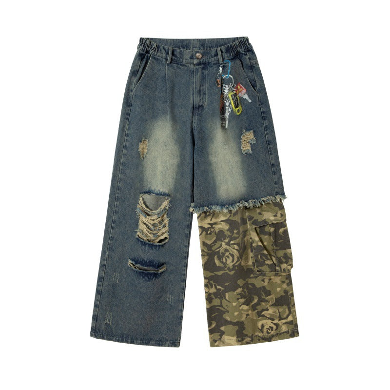 Wear Out Pendant Camouflage Spliced Straight Leg Jeans