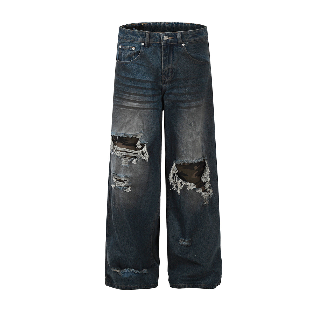 Washed Ripped Denim Wide Leg Pants