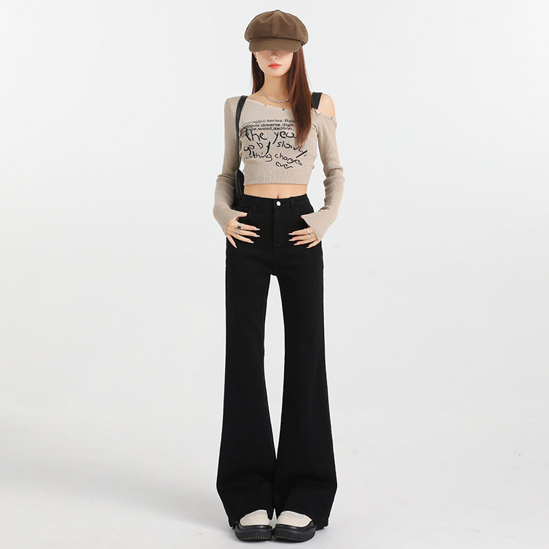 Women's Black Flared Denim Trousers - High Waist Elastic Slimming Wide Leg Pants
