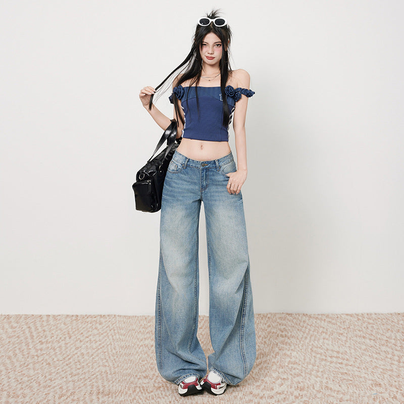 Women's Low-Waist Loose Wide-Leg Pants - Casual Straight-Leg Jeans