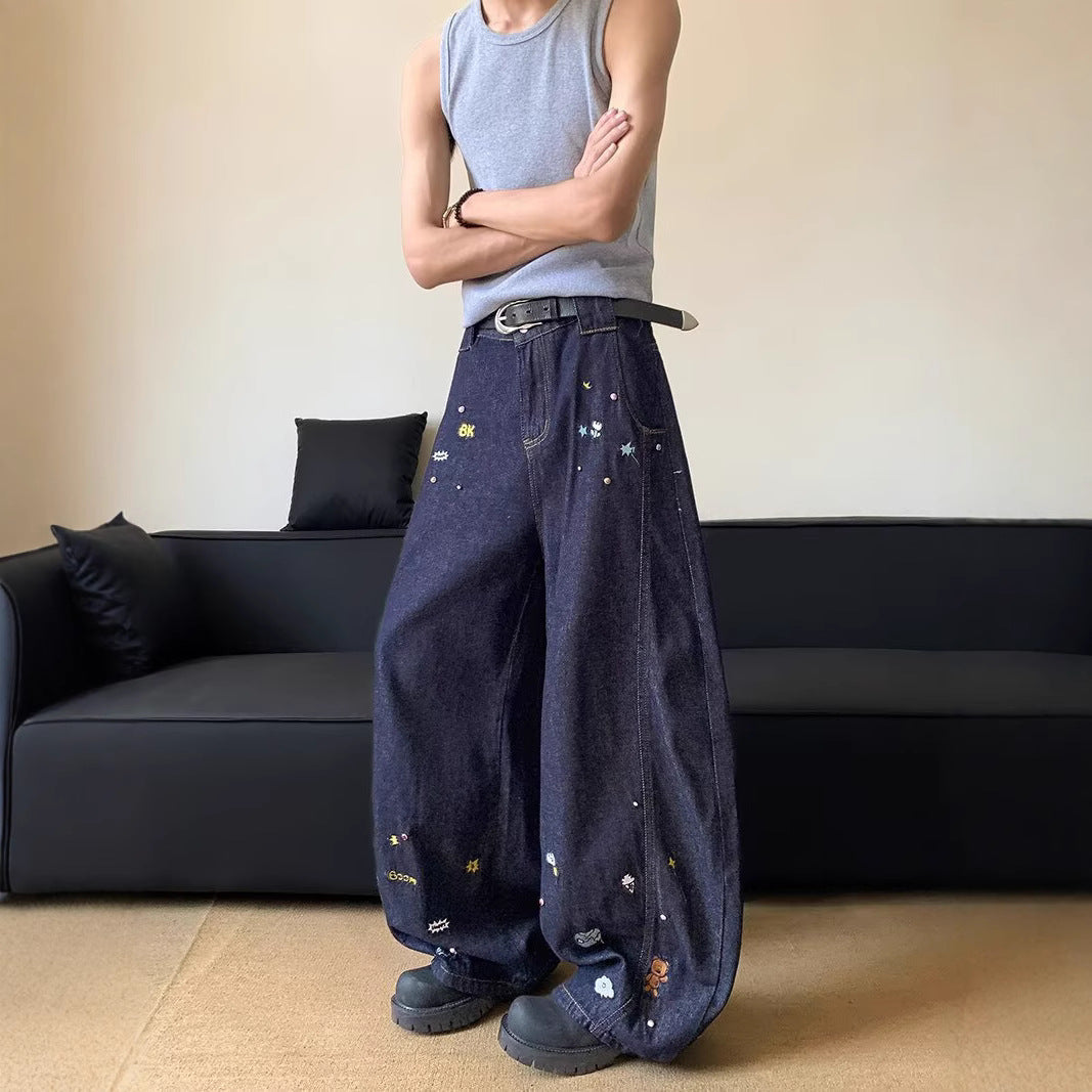 Cartoon Embroidered Curved Knife Jeans