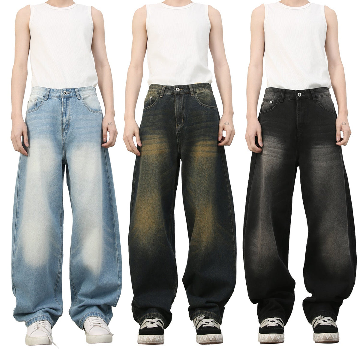 American Retro Style Flared Jeans for Men - Unique Wide Leg Loose Fit Denim Trousers