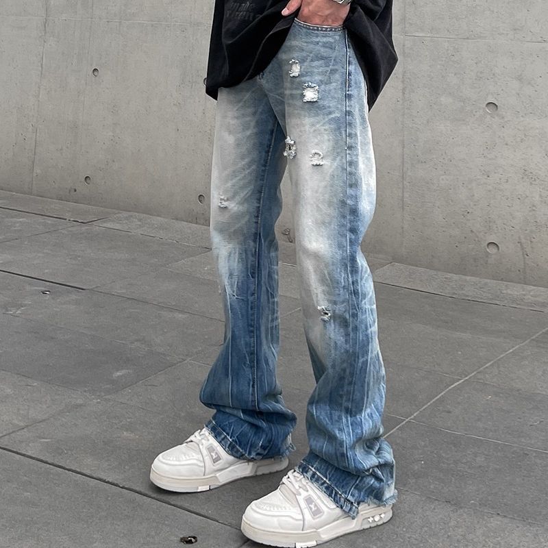 Distressed Washed Ripped Flared Jeans for Men