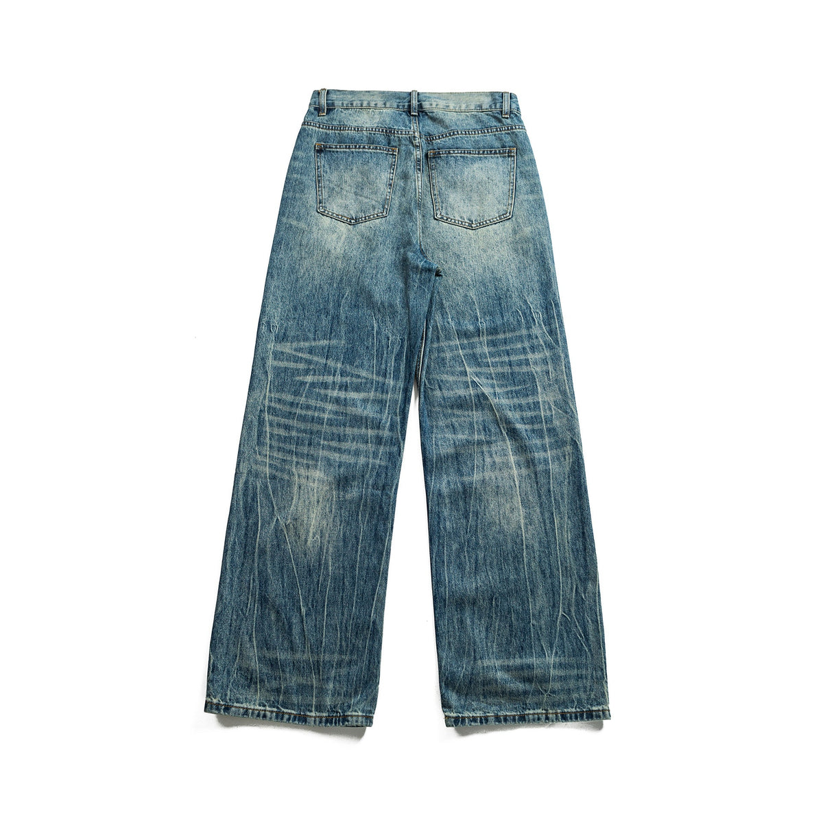 Lightning Crack Pattern Distressed Washed Denim High Waist Zipper Jeans