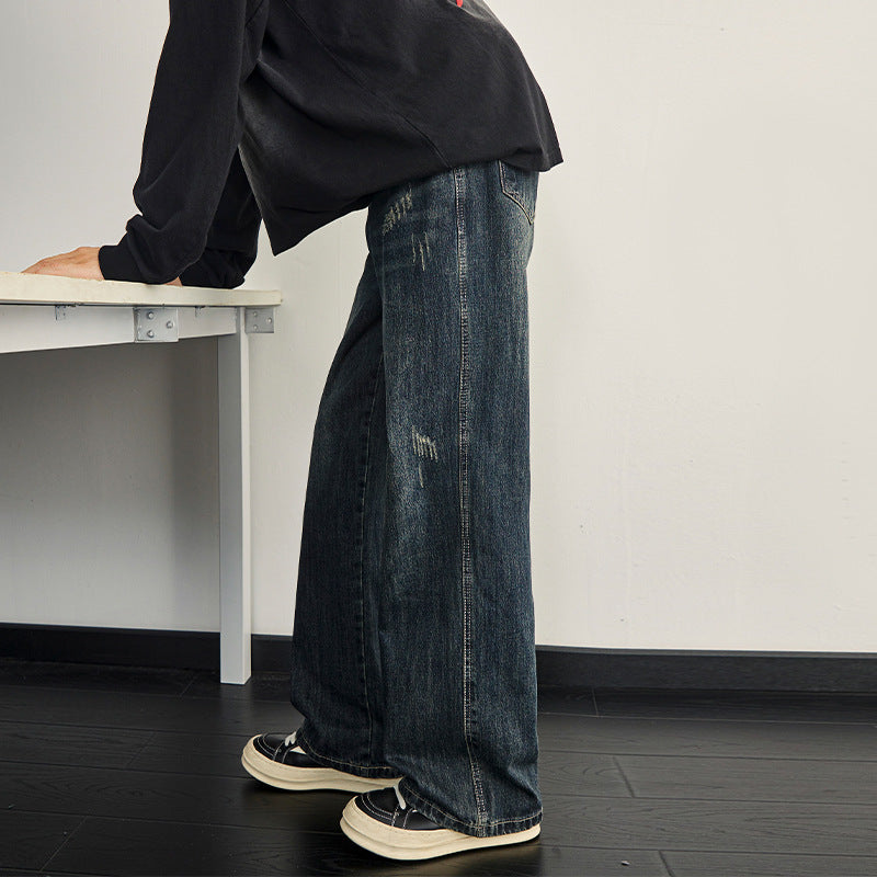 Blue Retro Denim Loose Straight Leg Wide Leg Pants