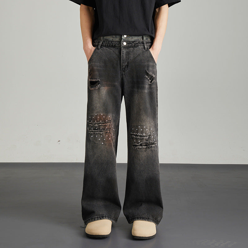 Vintage Niche Ripped Straight Leg Washed Denim Jeans