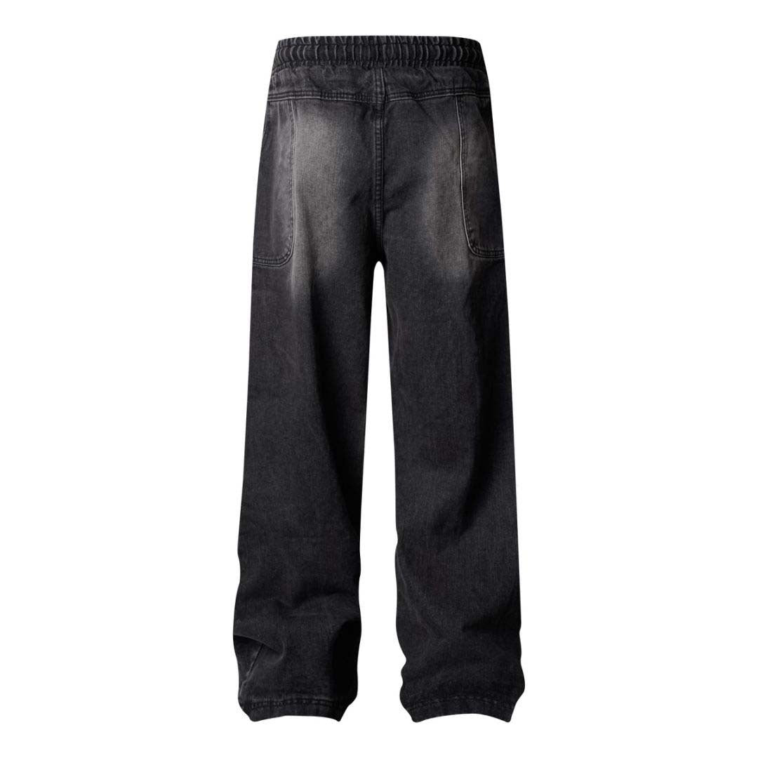 High Street Washed Distressed Pleated Reverse Denim Pants - Unisex Loose Wide Leg Straight Trousers