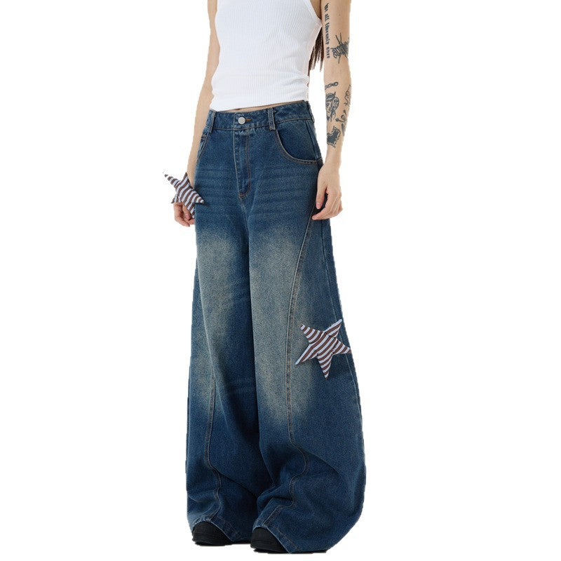 Summer Design Star Patch Fabric Silhouette Curved Knife Pants