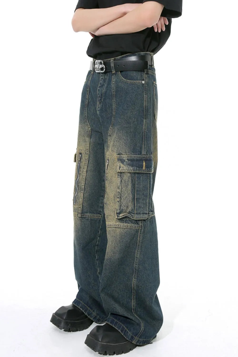 Mid Rise Jeans with Cargo Pockets - Premium Japanese Denim