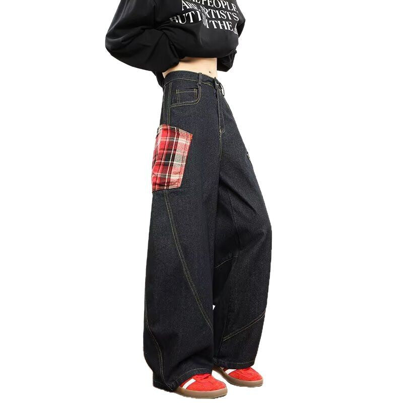Vintage Plaid Patchwork Large Pocket Curved Jeans