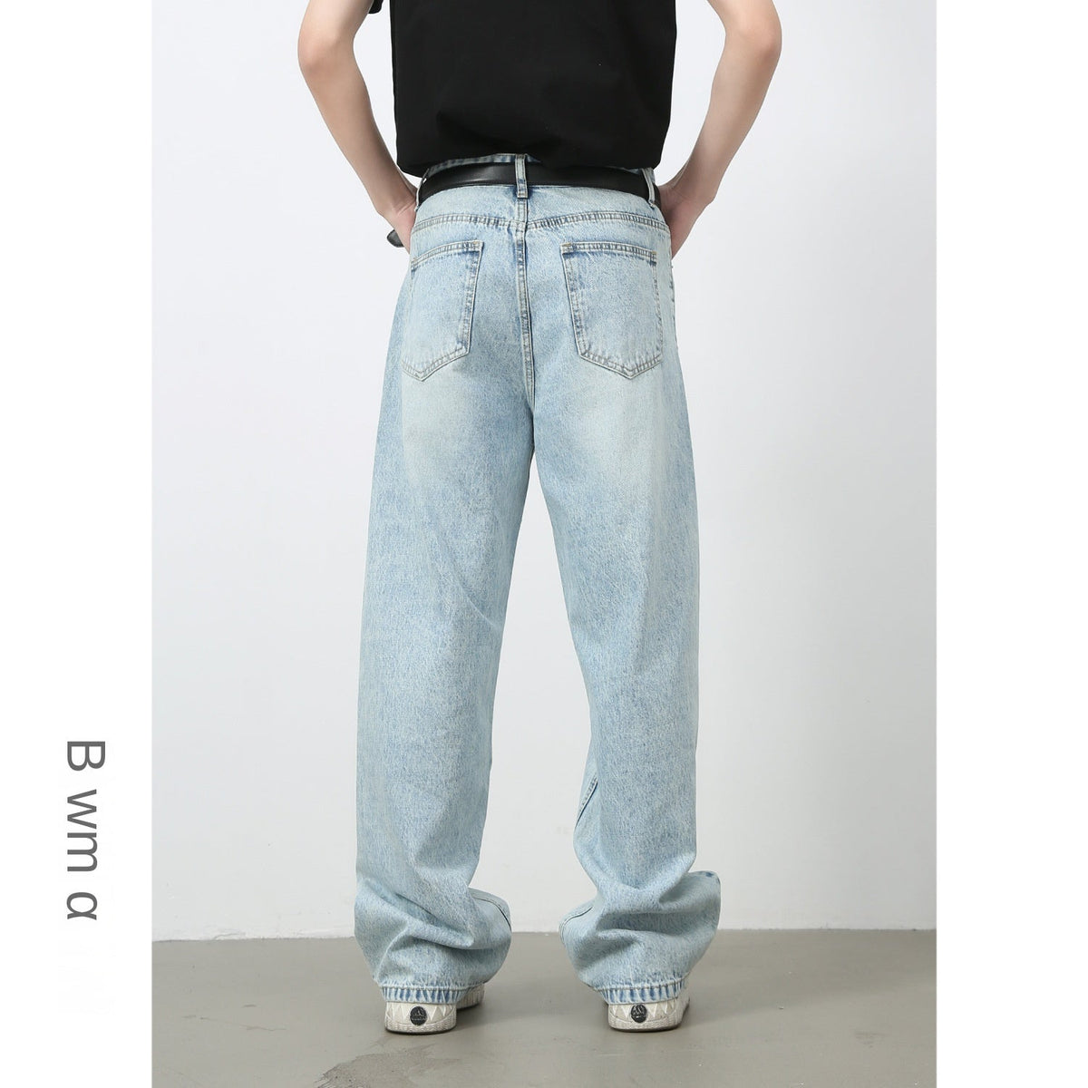 Basic Light Blue Denim Trousers for Men |  Style Loose Straight Leg Wide-Leg Long Pants